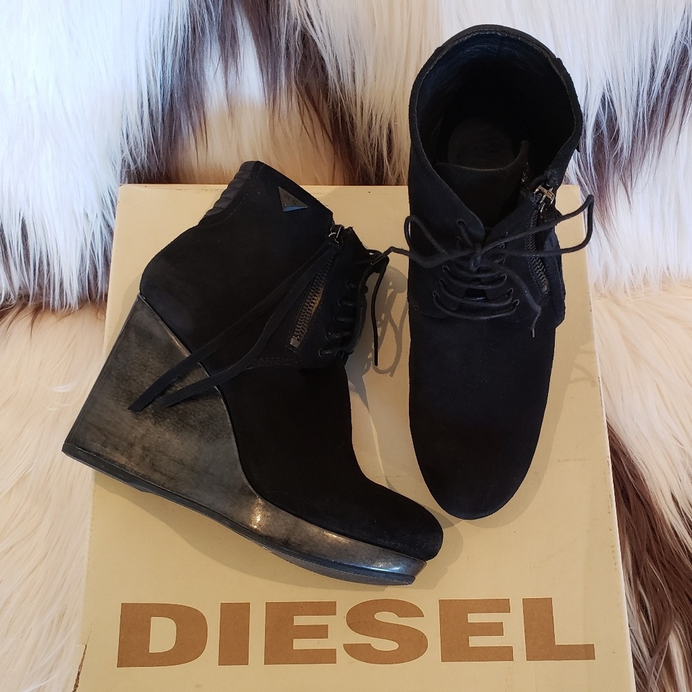 Diesel black suede wedge boots/ booties